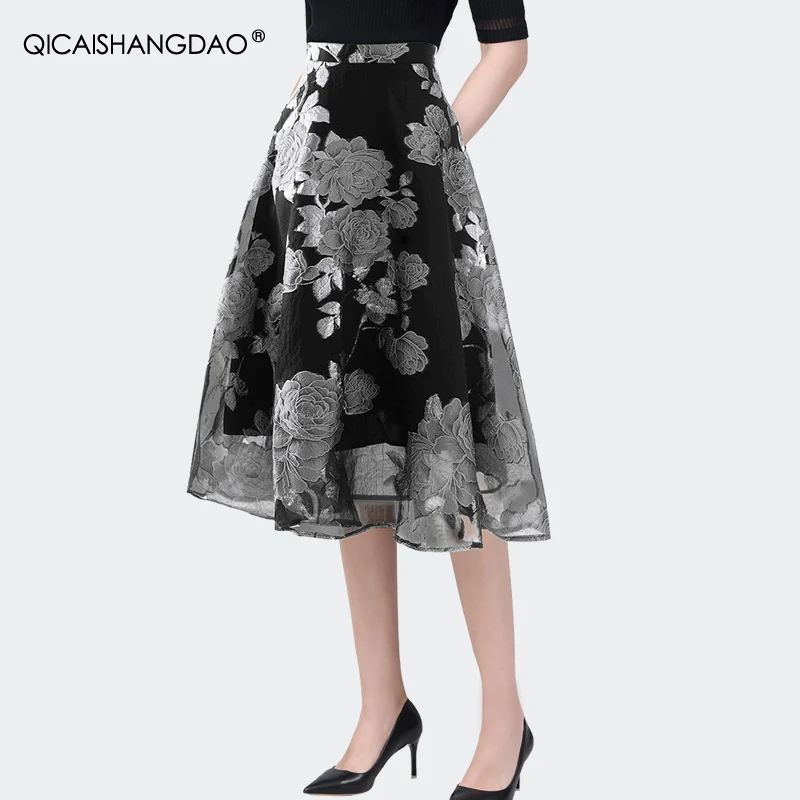 

Vintage Embroidered Floral Organza Skirt Women Summer Mid-length High Waist A-line Midi Skirts With Pockets 4Xl