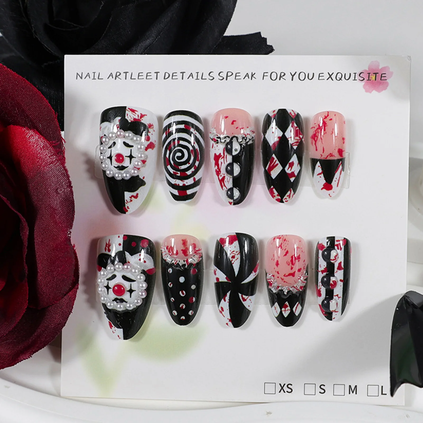 30pcs Funny Dark Clown Press On Nails Halloween French Style Almond False Nails 3D Relief Pearl Spiral Stripes Designs Fake Nail