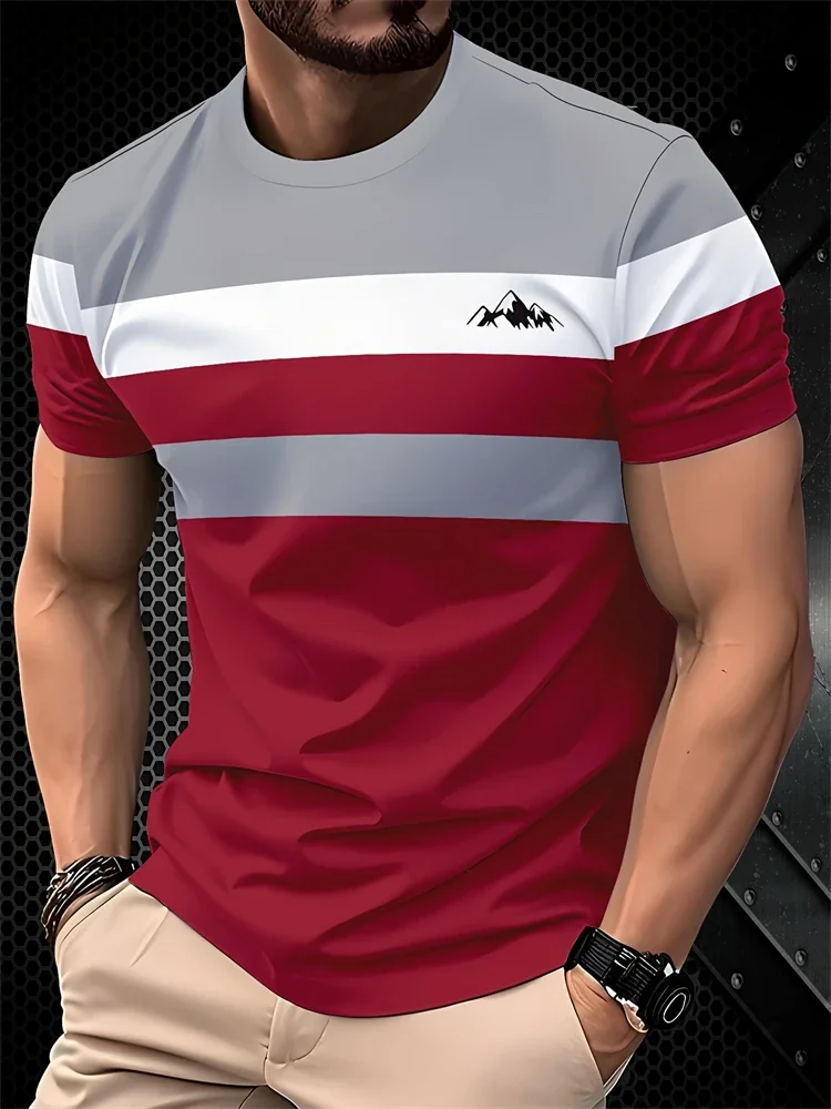 

Color Block Patchwork T-Shirt Trendy Geometric Print Short Sleeve Cotton Unisex Tee Round Neck Casual Top for Men Women Streetwe