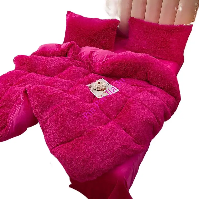 1PCS Winter warm plush duvet cover pink mink velve+fluffy flannel quilt cover 220x240 king size luxury double bed bedding