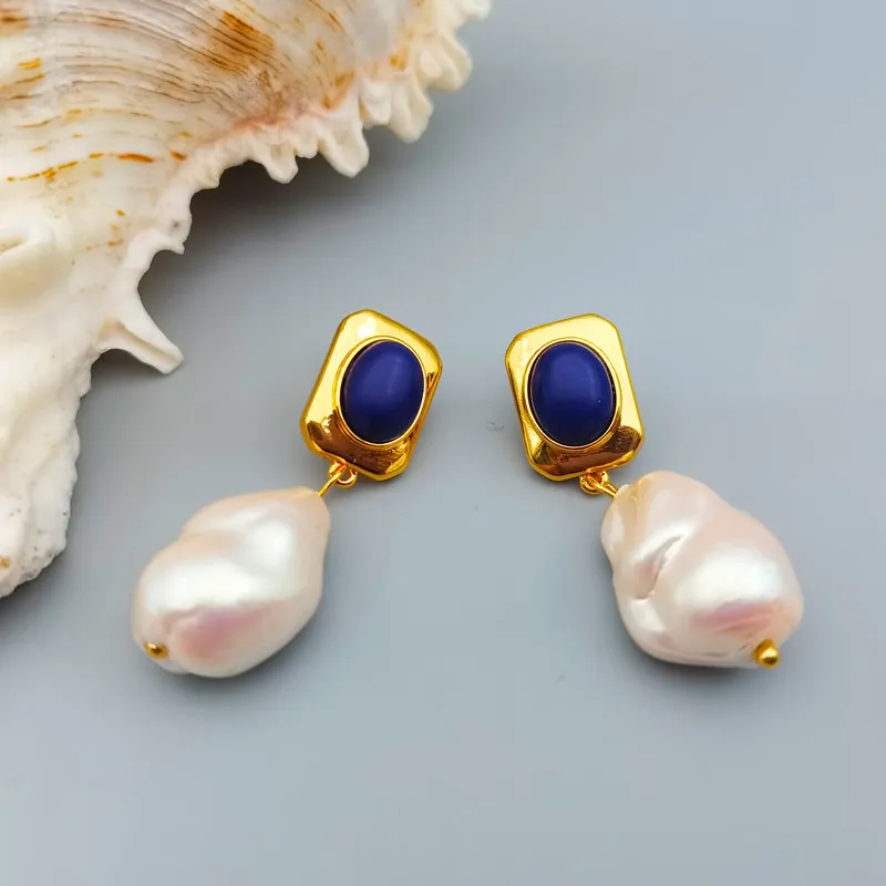 French Vintage Baroque Pearl Pendant Earrings For Women Luxury Inlay Lapis Lazuli Stone 925 Silver Needle Drop Earrings Jewelry