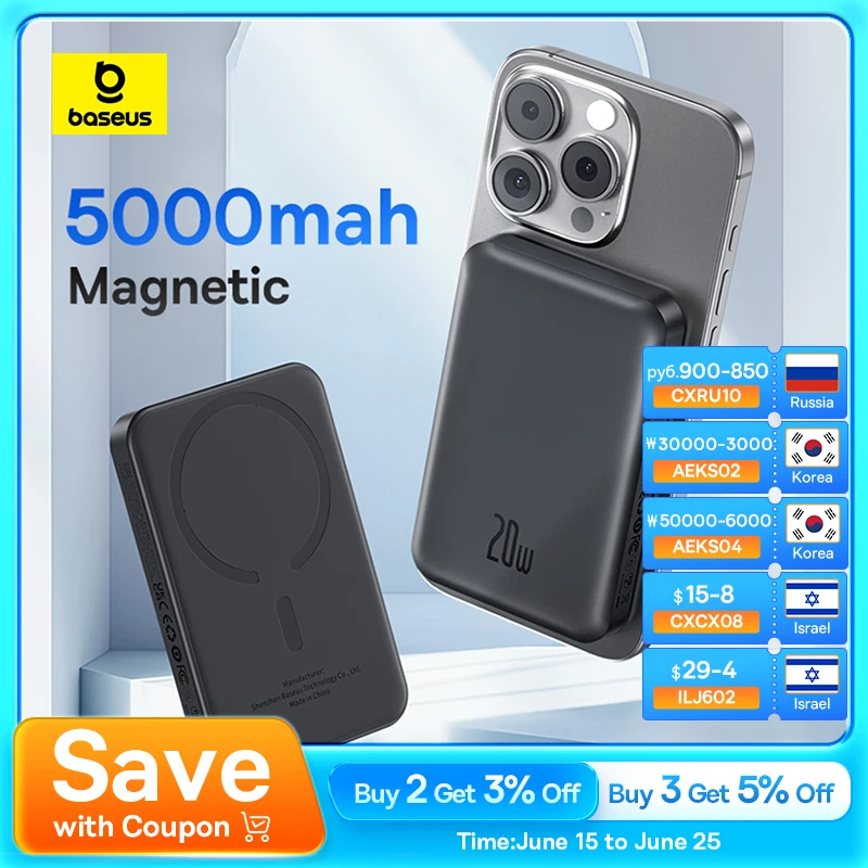 Baseus Mini Magnetic Power Bank Fast Charging 5000mAh Wireless Charger 20W Wired Fast Charging For iPhone 16 15 Pro Max Samsung