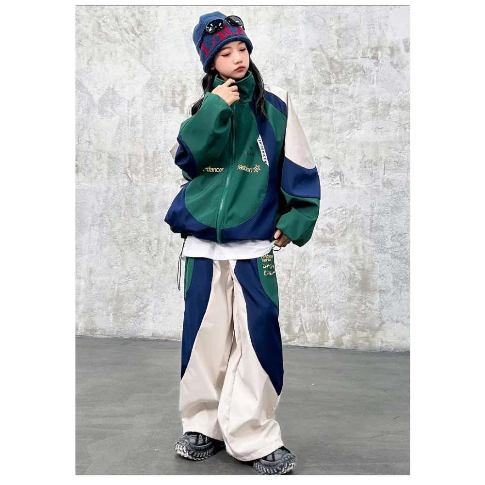 New Kids Hip Hop Streetwear Set Loose Trendy Tops Trousers Children Show Performance Fashion Street Dance Color Blocking Outfit