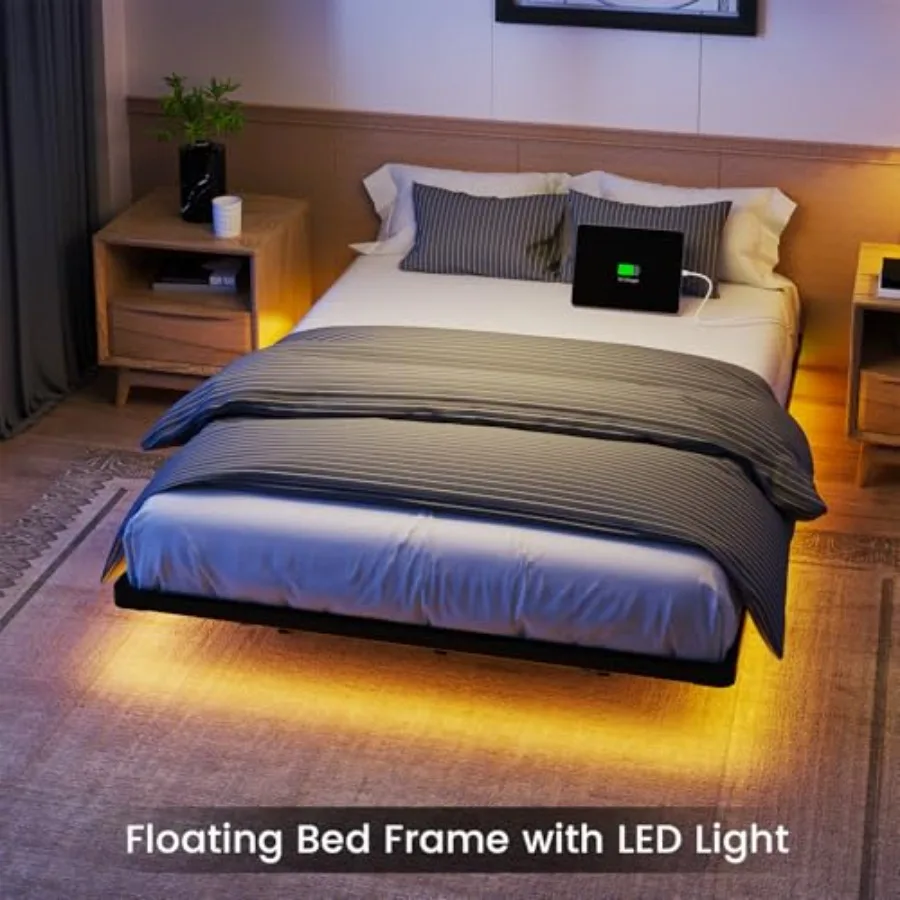 هيكل سرير عائم كامل مع محطة شحن مدمجة وإضاءة LED لتزيين غرفة النوم الحديثة وتصميم عائم يعزز المساحة #4