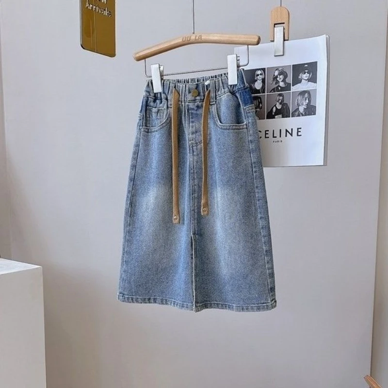 Kids Girls Denim Skirts 2025 New Children Casual Spit Jean Skirts Teenage Girls Blue Midi Skirt Slim Fit Japanese Korean Style