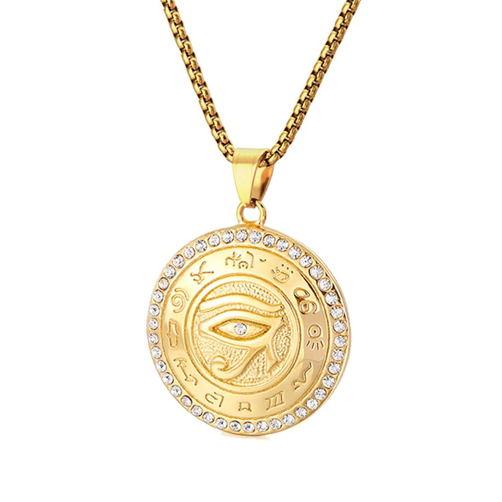 

Ancient Egypt The Eye of Horus Pendant Wholesale Gold Color Stainless Steel Round Egyptian Necklace for Men Fashion Jewelry Gift