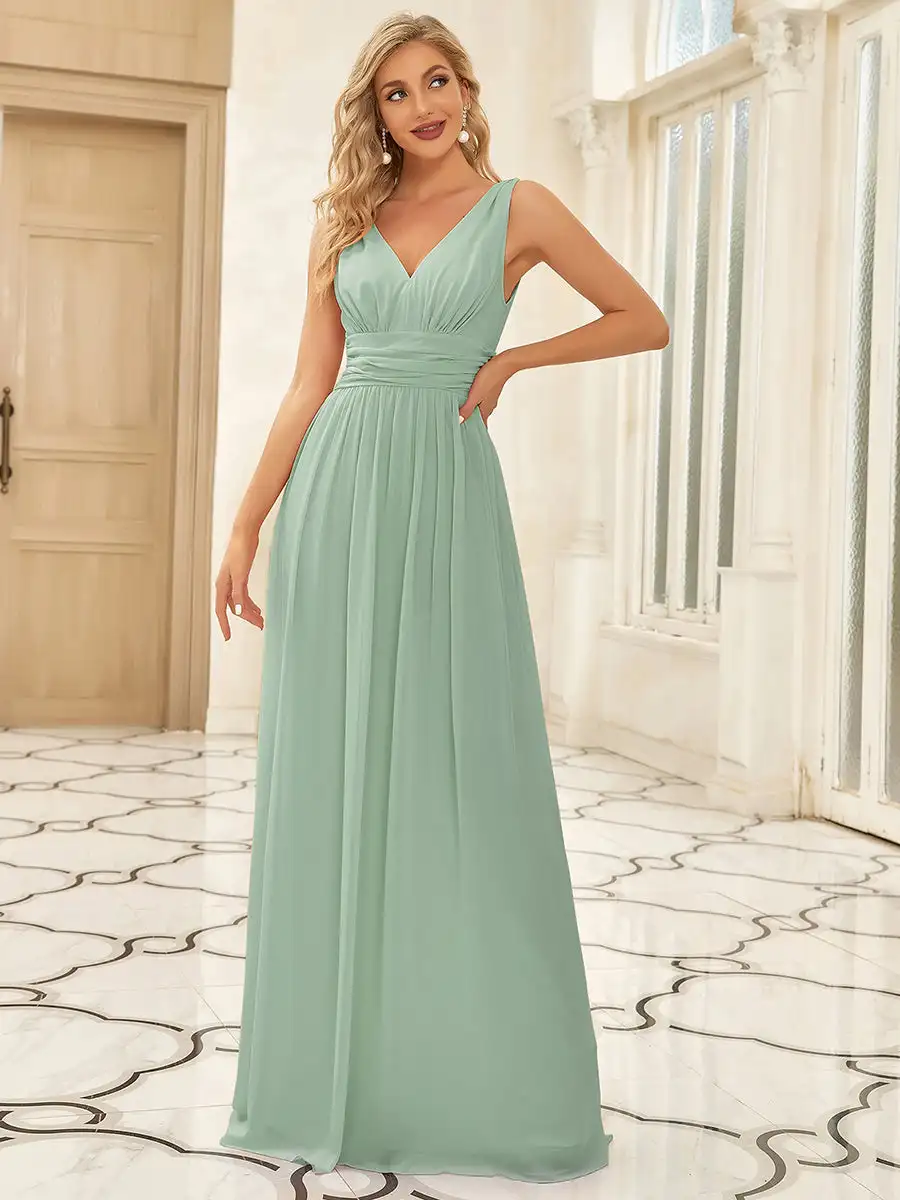 BAZIIINGAAA Evening Dress Elegant Sleeveless V-Neck Pleated Lightweight Chiffon A-Line Floor Length Non-Stretch Evening Dresses