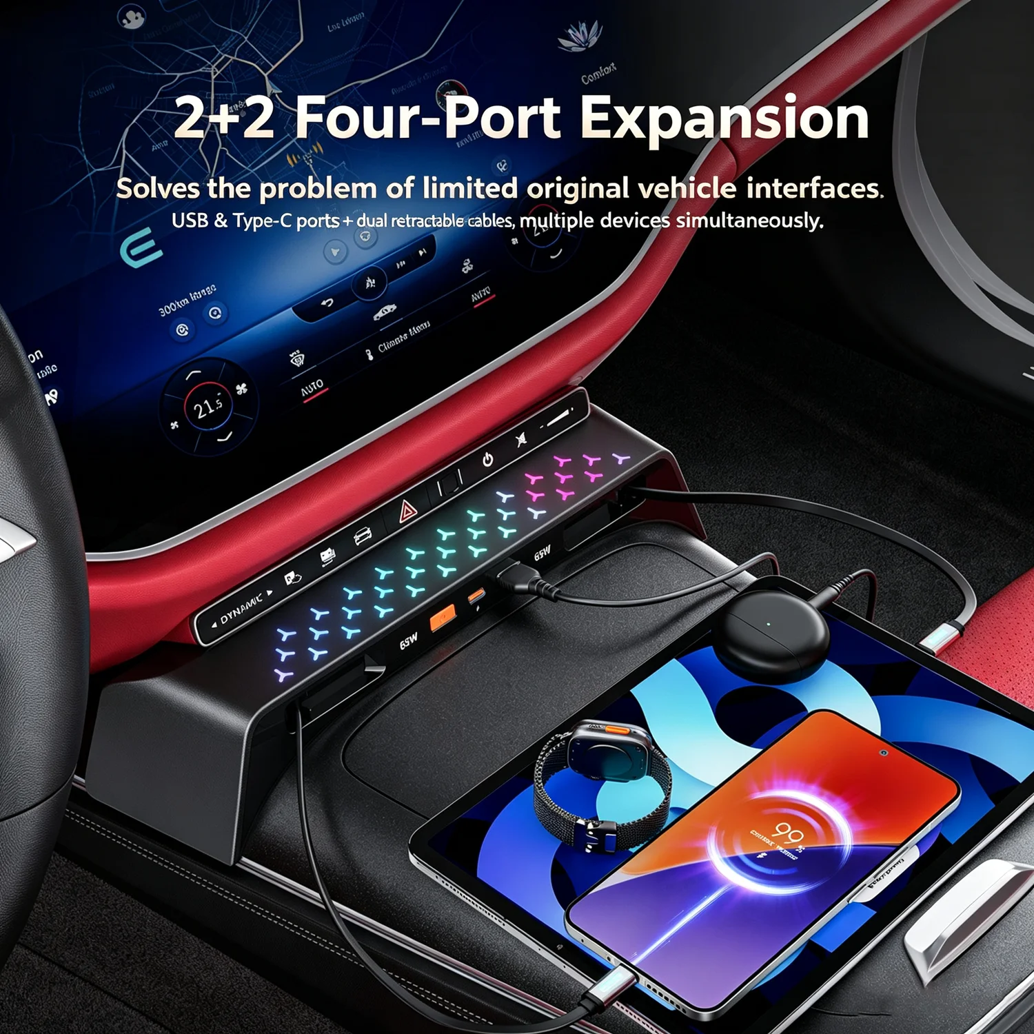 For Mercedes Benz E-Class W214 2024-2026 160W Super Fast Charger Multi-Port Usb-C HUB Docking Station With RGB Ambient Lighting