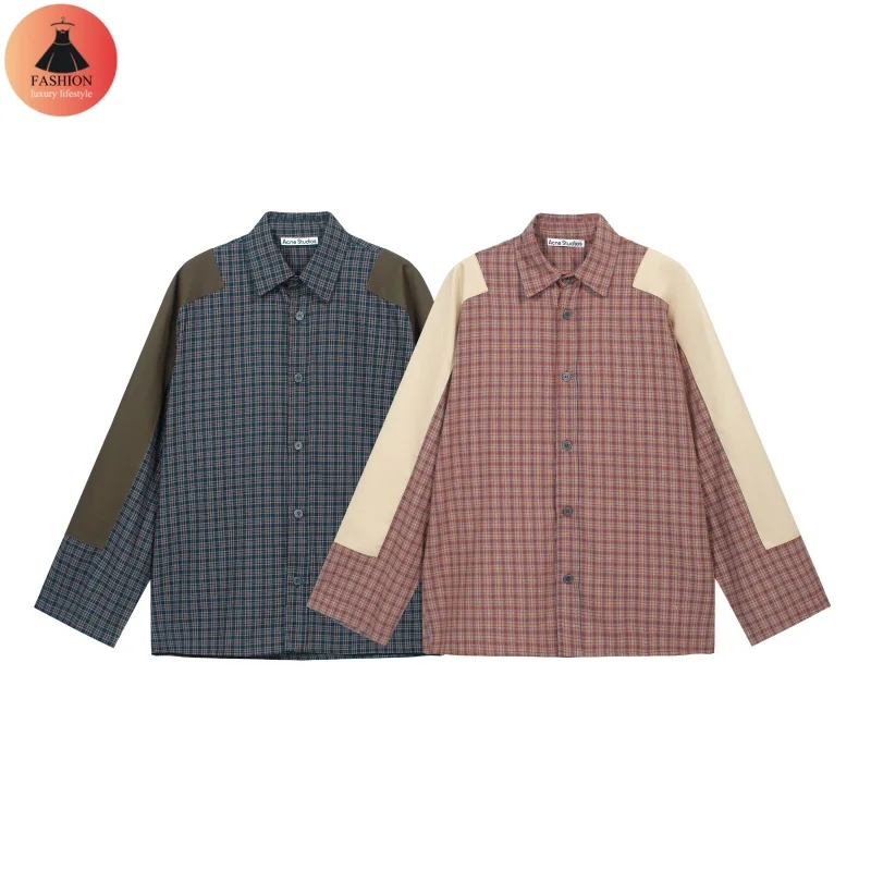 

Latest High Quality 1:1 24SSAC Flannel Plaid Collar Patch Patchwork Colorblocking Loose Cuffs Long Sleeve Shirt Men's Women's