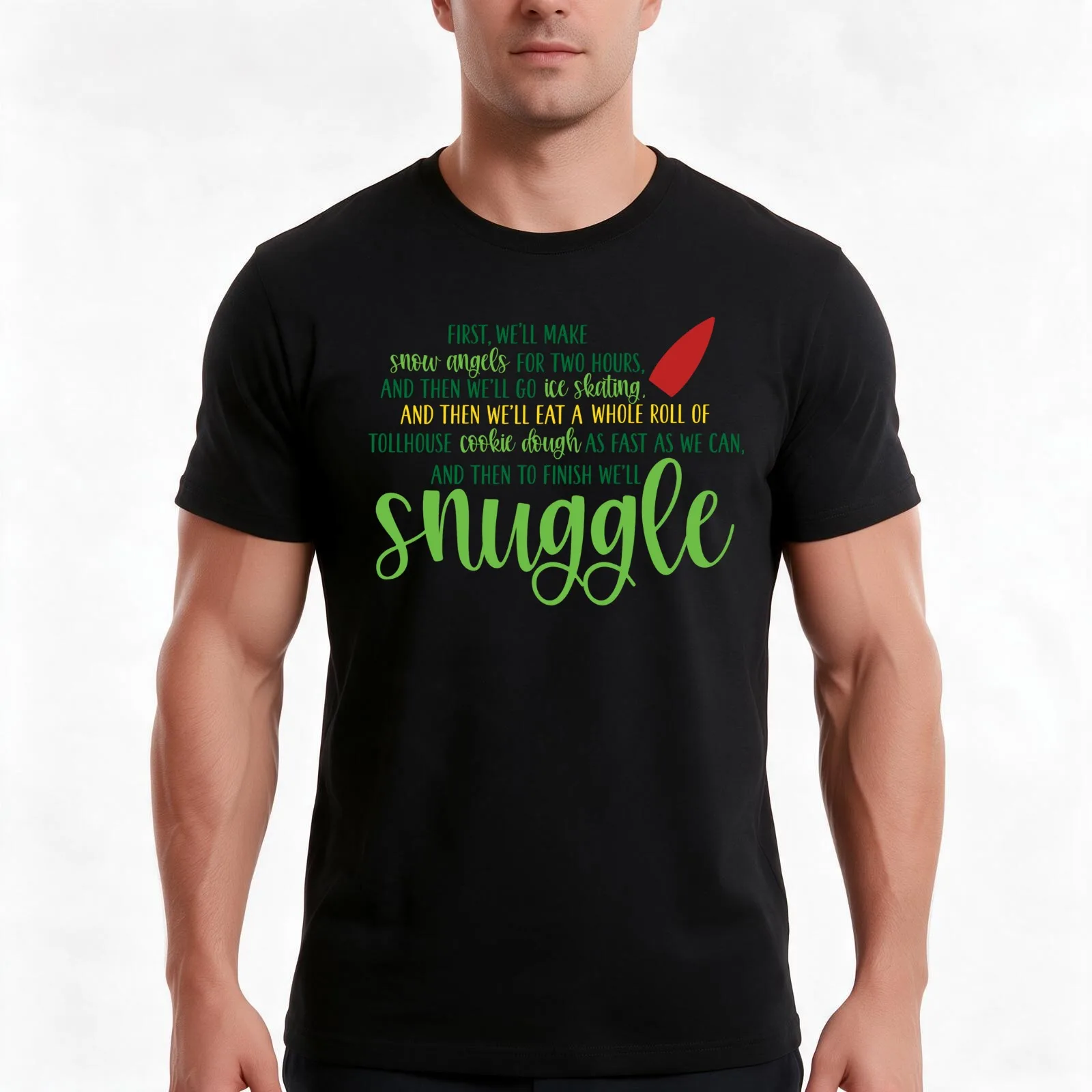 Buddy And Then To Finish We’ll Snuggle Elf Green Yellow Red T-Shirt, Summer Casual Cotton Tee, Oversized Streetwear Tops