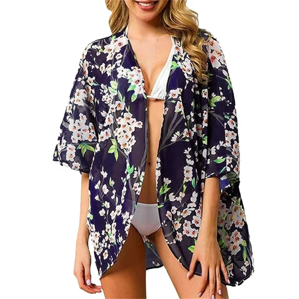 Summer Women'S Short Sleeve Kimono Cardigan Color Block Sheer Shawl Capes Chiffon Beach Cover-Up Casual Loose Flowy Blouse Tops