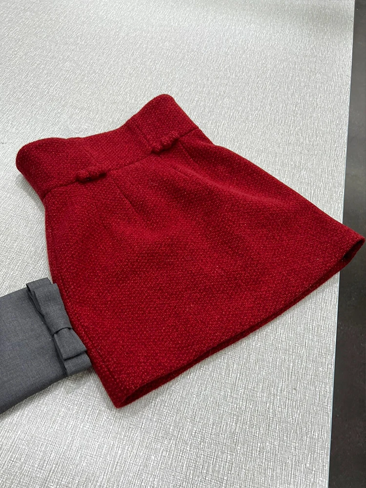 

Red A-Line Skirt High Waist Woolen Autumn Winter New Year Special Size Women's Fashion Elegant Commute Style Skirt