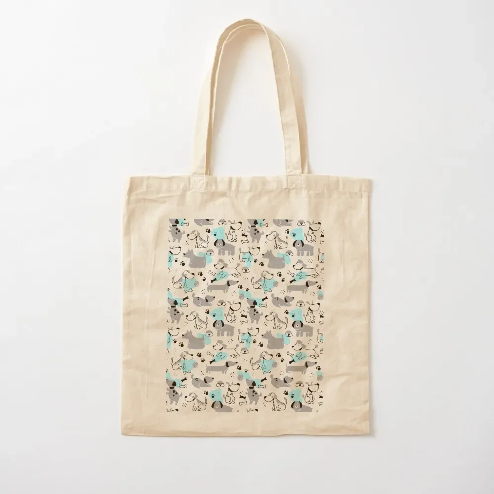 

Cute Happy Dogs Print in Grey and Aqua Tote Bag Big bag bags luxury women canvas bags Tote Bag