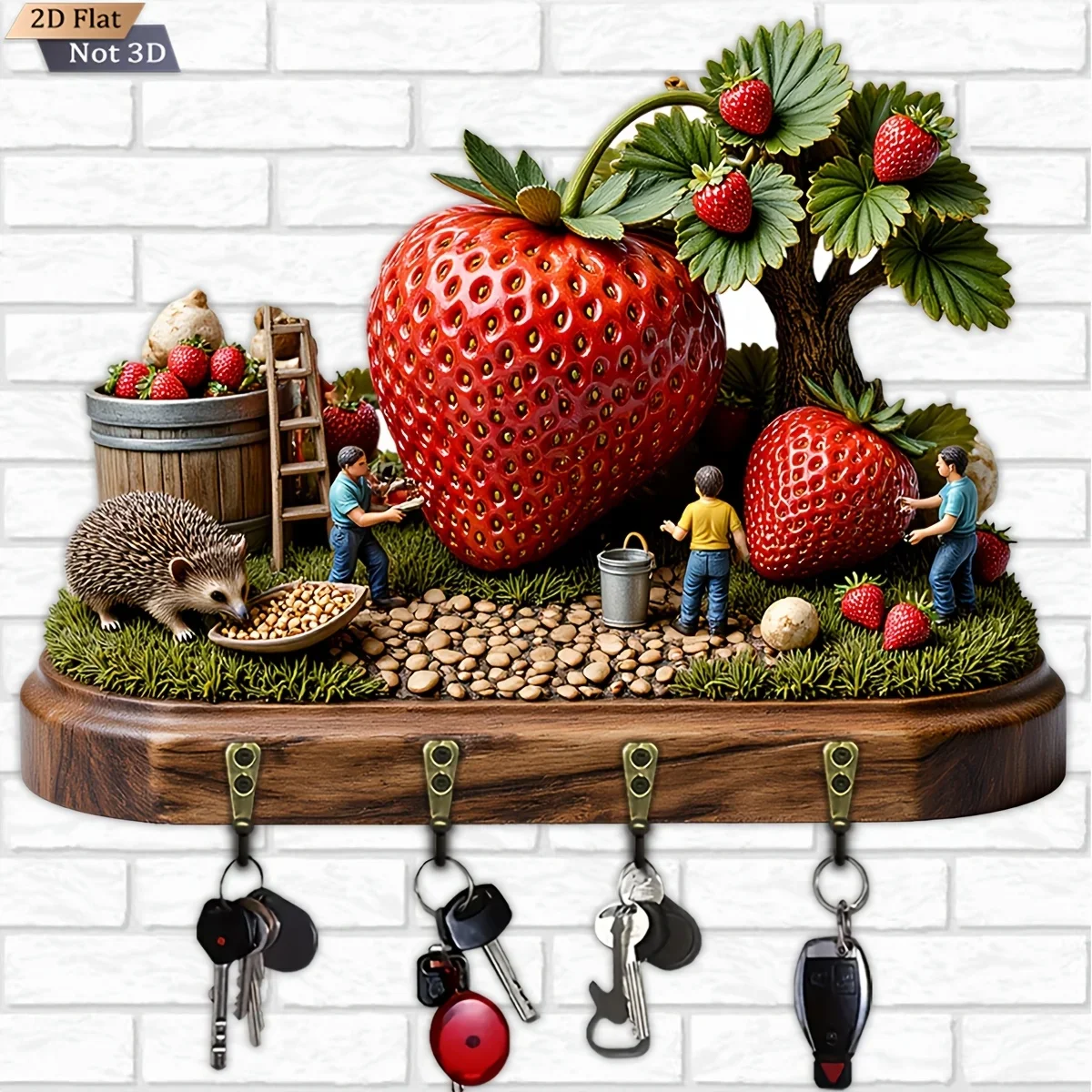 2D Flat, 1pc, Creative Strawberry-Themed Key Hook, Wooden Multifunctional Home Key Rack, with Four Metal Hooks, Wall Decor,