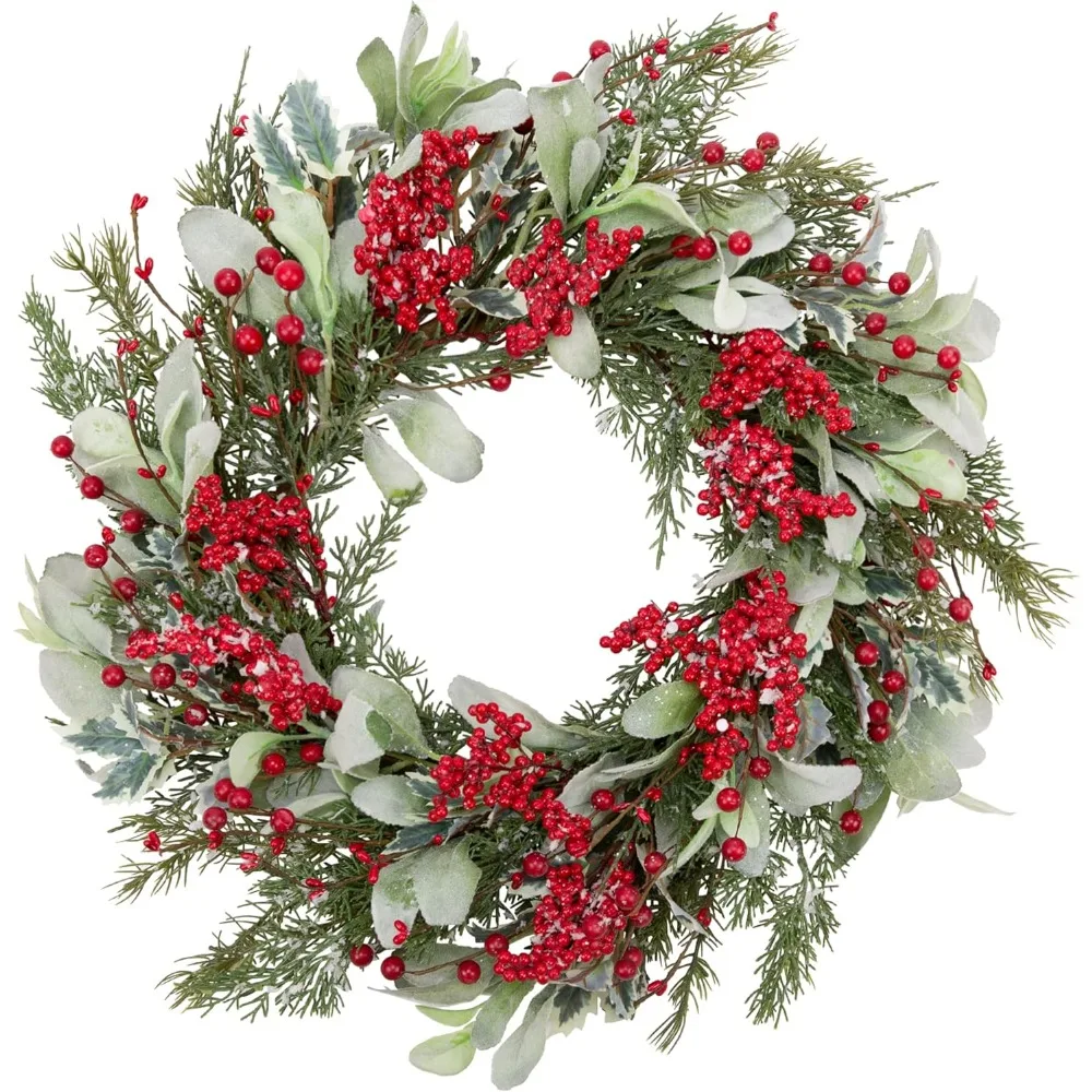 

20 Inch Artificial Christmas Wreath Door Wreath with Lambs Ear Leaves Winter Wreath