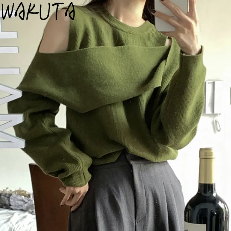 

WAKUTA Oversize Solid Irregular Hollow Out Sweater Women Autumn 2024 Elegant O Neck Long Sleeve Knitting Pullovers Mujers Casual