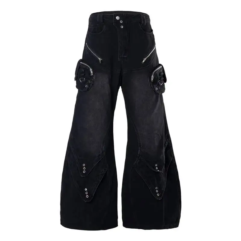 American-style Vintage Large-pocket Curved Hem Loose Straight-leg Men Denim Pants 2026 Autumn New Trend Trousers VHT6