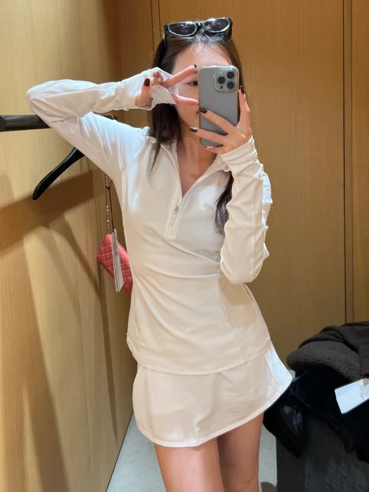 اليوغا قميص بولو المرأة الرياضية نصف سستة ضئيلة طويلة الأكمام أعلى الخريف الأسود الكورية أزياء ضئيلة مريحة الصلبة المرأة قمصان #1