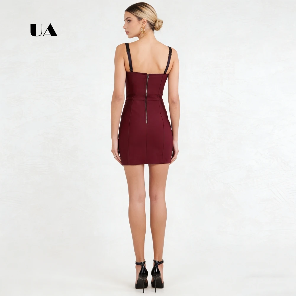 ULBYANRY Sheath Lace-paneled Mini Dress with Underwired Cups, Solid V-neck Evening Dress for Woman, Simple Customized Party Gown