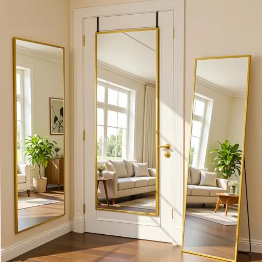 

Bedroom living room full length mirror, gold metal, rectangular corner, 58''x20'', 4-in-1 standing/leaning/wall-mounted/adjusta