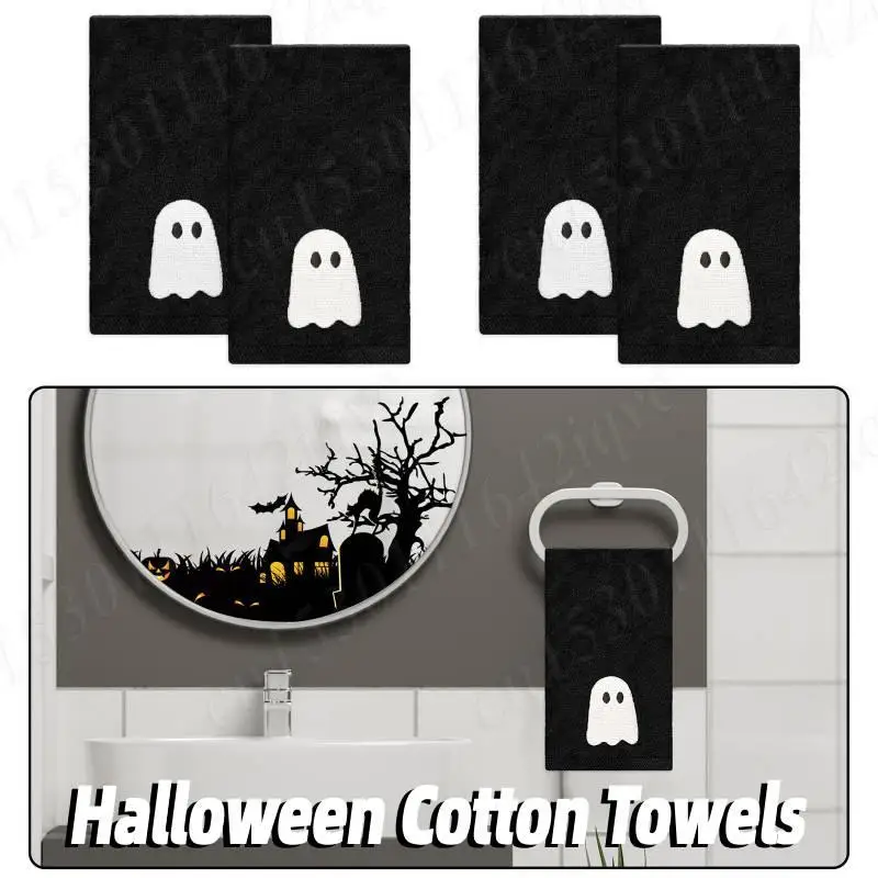 

2/4/10Pcs Halloween Cotton Black White Towels Embroidered Ghost Hand Towels Funny Hand Drying Towel for Home Cleaning Cooking