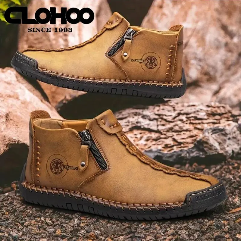 CLOHOO Men's Casual Stitching Ankle Boots Breathable Anti-slip Lace-up Walking Shoes With Side Zipper Decor For Outdoor