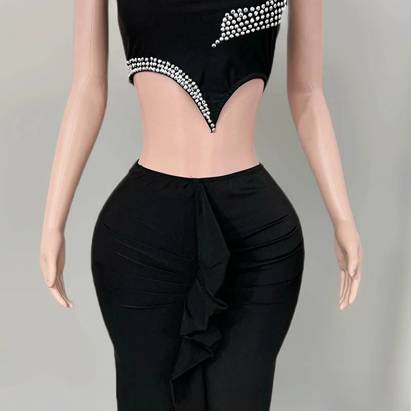 Ekskluzywny czarny strój sceniczny dwuczęściowy z diamentami w kształcie węża dla piosenkarki, elegancka sukienka na roczne spotkanie.