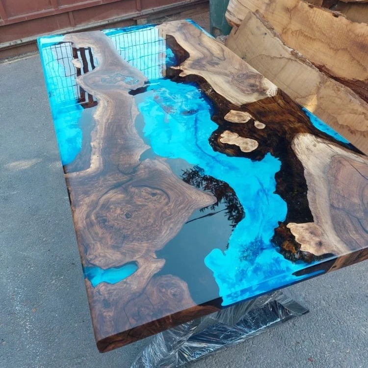

Hot Sales Matte Color Luxury Factory Direct Solid Walnut Wood Cafe Kitchen Restaurant River Epoxy Resin Slab Coffee Dining Table