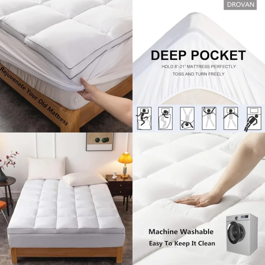 Mattress Topper Queen Size - Extra Thick Mattress Pad Cover - Pillow Top Deep Pocket with Breathable 7D Spiral Fiber Filling Cooling Mattress Cover
