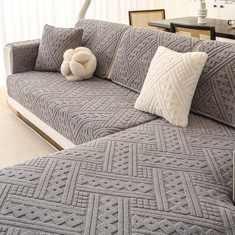 Thickened Plush Jacquard Sofa Cushion Warm Fleece Living Room Seat Pad Non-Slip Dust-Proof Protective Sofa Cover