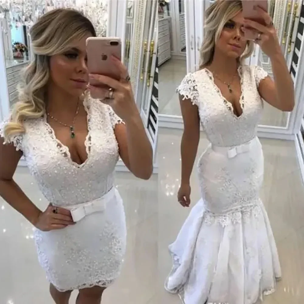 Brautkleider, Brautkleider, Meerjungfrau, formelle Trompete, Übergröße, individuelle Applikation, V-Ausschnitt, ärmellos, Spitze, Illusion, abnehmbare Schleppe