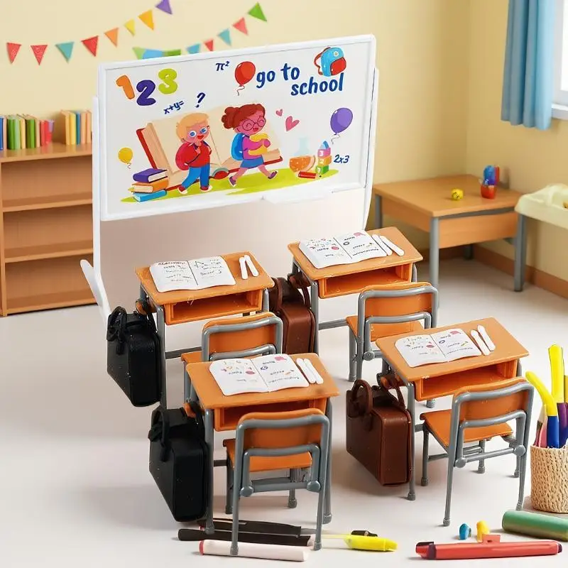 Handcrafted 1:12 Scale Dollhouse Classroom Setting with Desk, Chalkboard, Books, and Bag for Miniature Decor Collection.