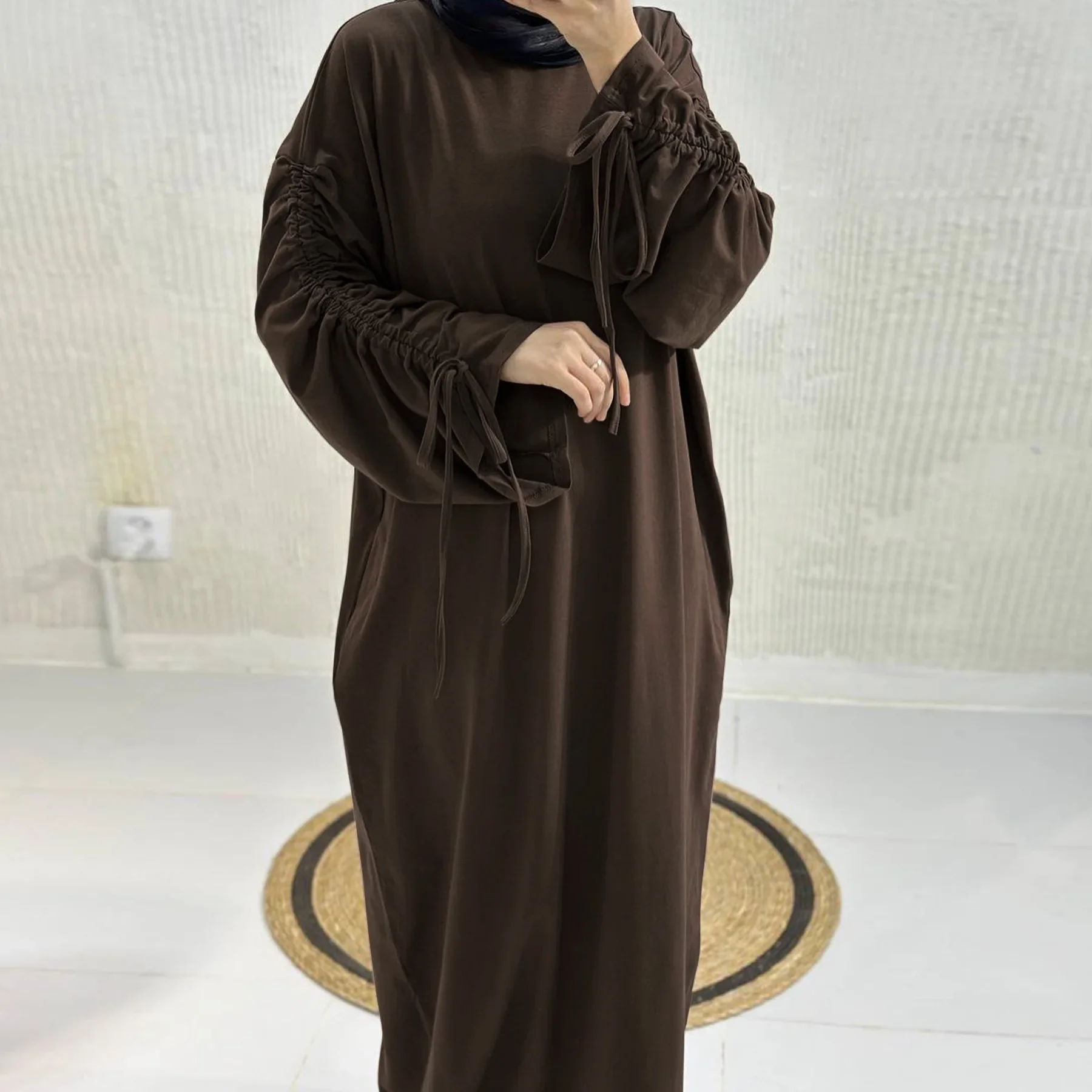 Dubai Turkey Cuff Drawstring Dress Muslim Women New Middle East Robe Abaya High Waist Long Loose Maxi Dress