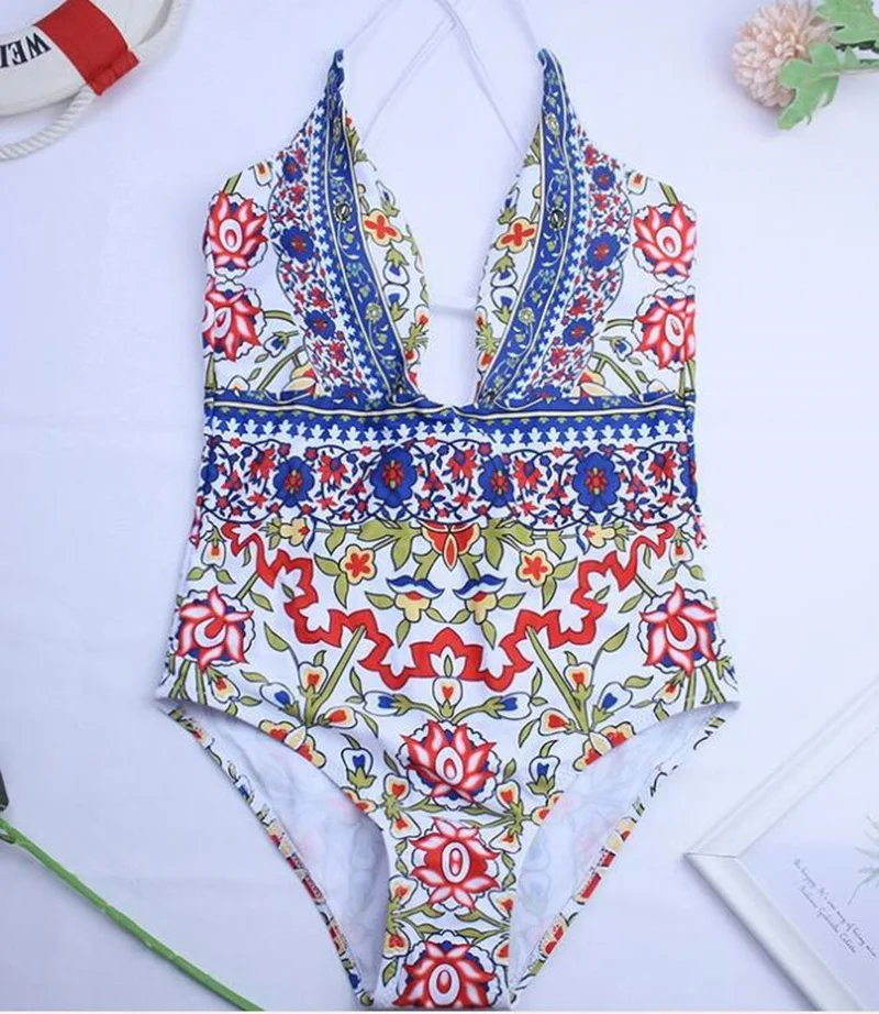 Leaf Print One Piece Swimsuit Monokini Sexy Backless Swimwear Women Tankini Biquini Badpak Bathing Suit Mayokini Trikini Mujer