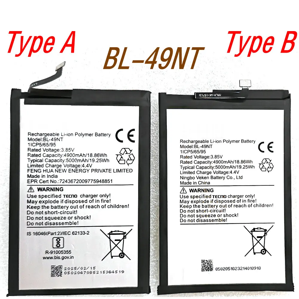 New BL-49NT Original Battery for Tecno Spark Go 2023/Pop 7 Pro BG6 Go1(Kl-4) Go 1s 2025 Conector Macho  Mobile Phone