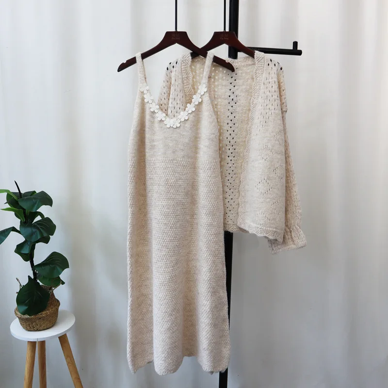 

Women Two Piece Sets Dress Set Full Sleeve Sweaters Coats Long Dresses Sling V Neck Sleeveless Y2k Streetwear Elegant Autumn