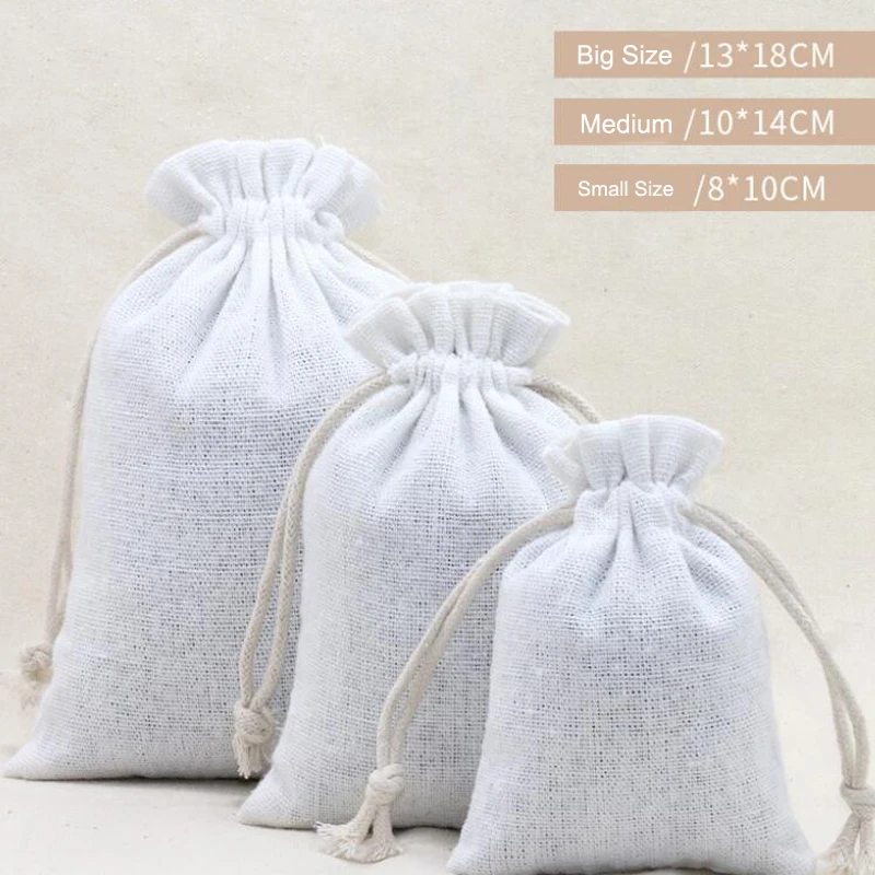 50PCS/Lot 8x10 10x14 13x18cm Bleached White Cotton Canvas Bags Drawstring Pouches Gift Storage Bags Customized Printing Logo