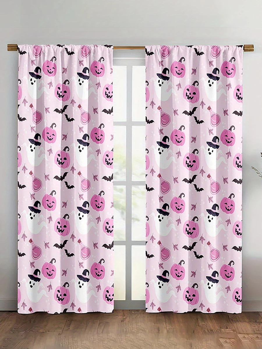 2PCS Digital Printed Curtains, Cute Pink Pumpkin Ghost Bat Pattern, Kawaii Halloween Style for Kids Bedroom Party Decor
