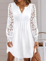 White Mini Dress Women Summer Elegant Dress Female Fashion O Neck Button Dress Ladies Lace Hollow Out Long Sleeve Dress