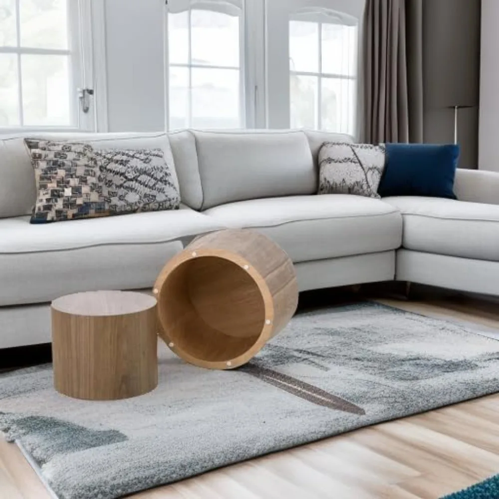 زوج من طاولات القهوة المستديرة: متداخلة خشبية وطاولات جانبية ذات أسطوانة دائرية صغيرة للاستخدام في غرفة المعيشة والمكتب #5