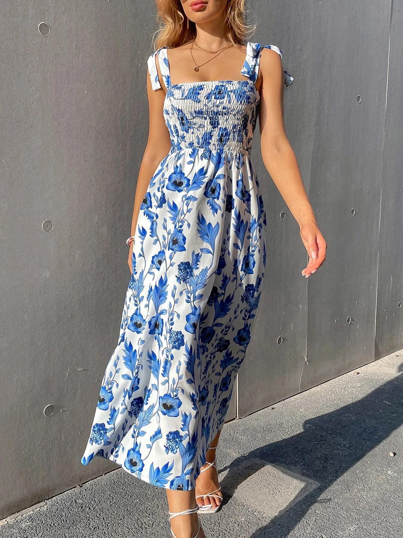 【Romance elegante】Vestido espartilho floral com alças atadas e corpete franzido, vestido bodycon para convidados de festa para casamento, data noturna