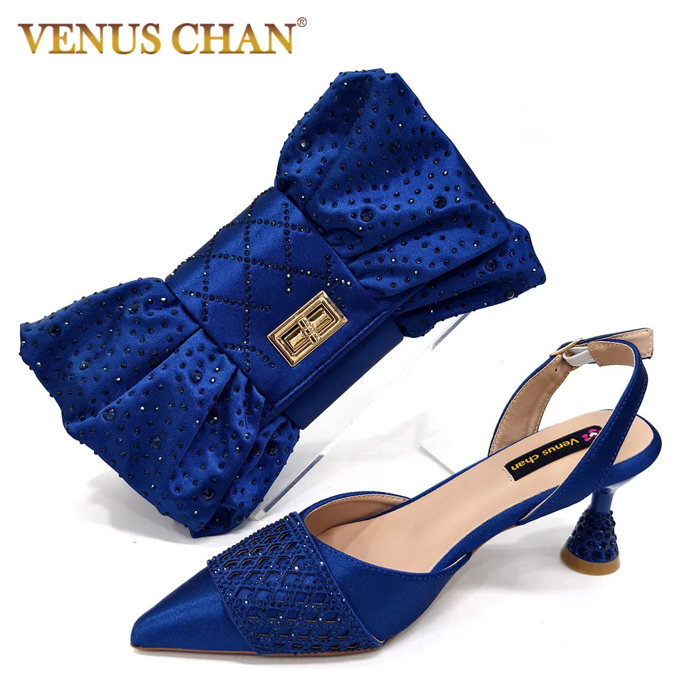 Rhinestone-Embellished Women's Party Shoes With Matching Navy Blue Colour Handbag - Stylish High Heels for Special Occasions