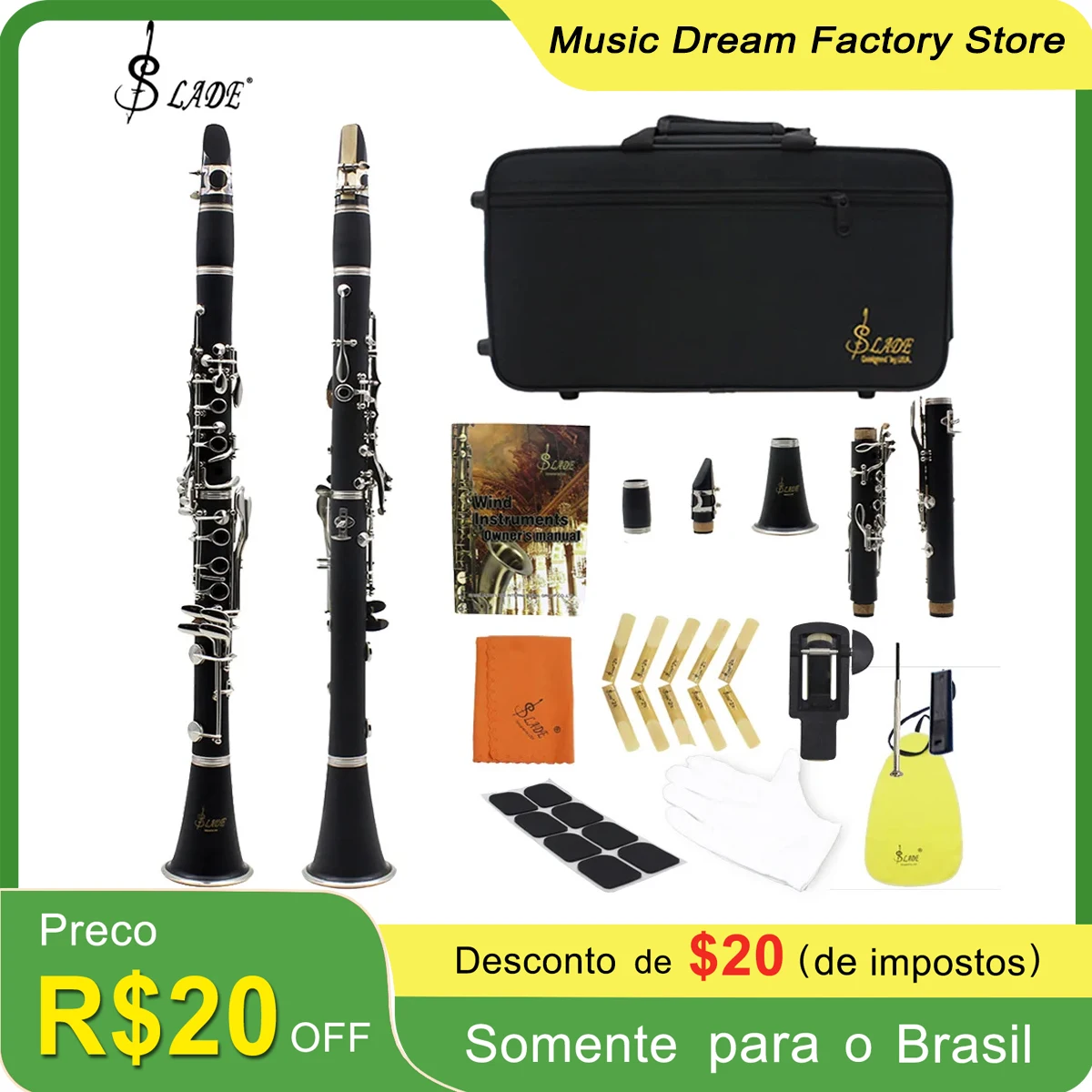 

SLADE Professional Clarinet 17 Key Bb Flat Bakelite Clarinet Instrument Tube Clarinet with Case Strap Pads Trimmer Accessories