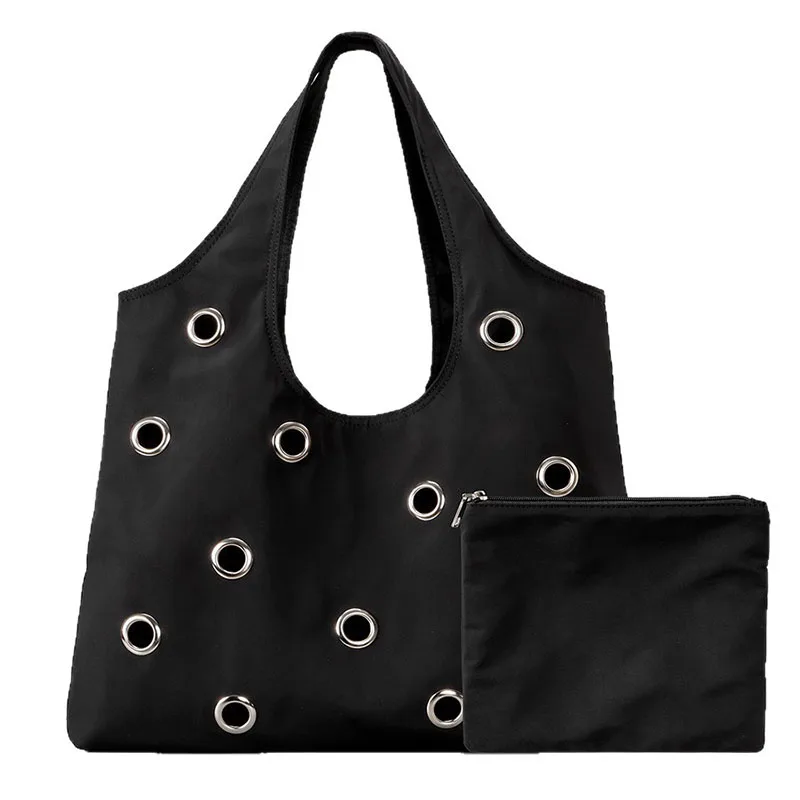 

Fashion Hollow Rivet Large Capacity Tote Bag Hobos Women Handbags Luxury Soft nylon Shoulder Bags Trend Big Shopper Purses