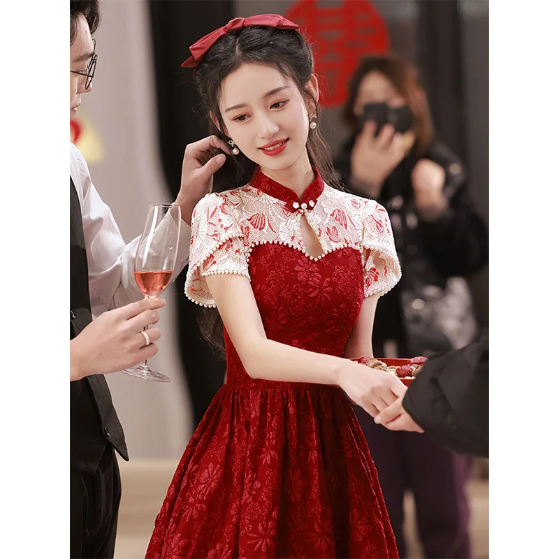 

Ele Red Wedding Qipao Dr Faionable ort Sve Suit for Bridesmaid Wedding Reception Par Spring Summer