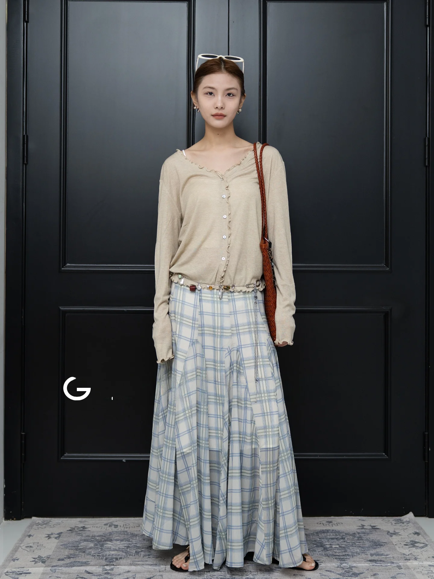 

Soft Silk Long Sleeve V-Neck Knitted Open Cardigan Women's Casual Loose Fit Geometry Single Wood Ear Design Spring Summer Top