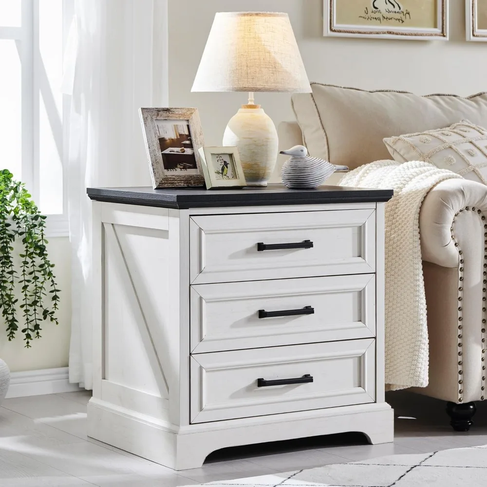 Farmhouse Nightstand with Charging Station, 24 Inch Wide End Table with 3 Large Drawers & Bar Handles