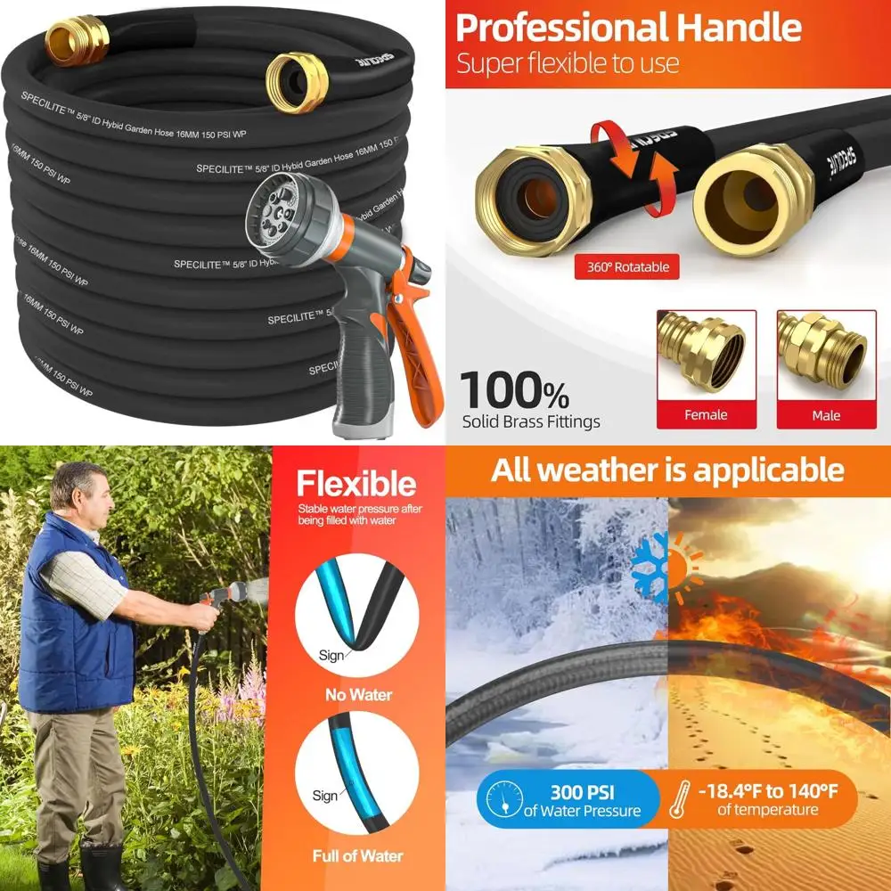 

Heavy Duty 100ft x 5/8in Flexible Lightweight Garden Hose with 600 psi Burst Pressure, Kink-Resistant Hybrid Rubber Pipe for Out