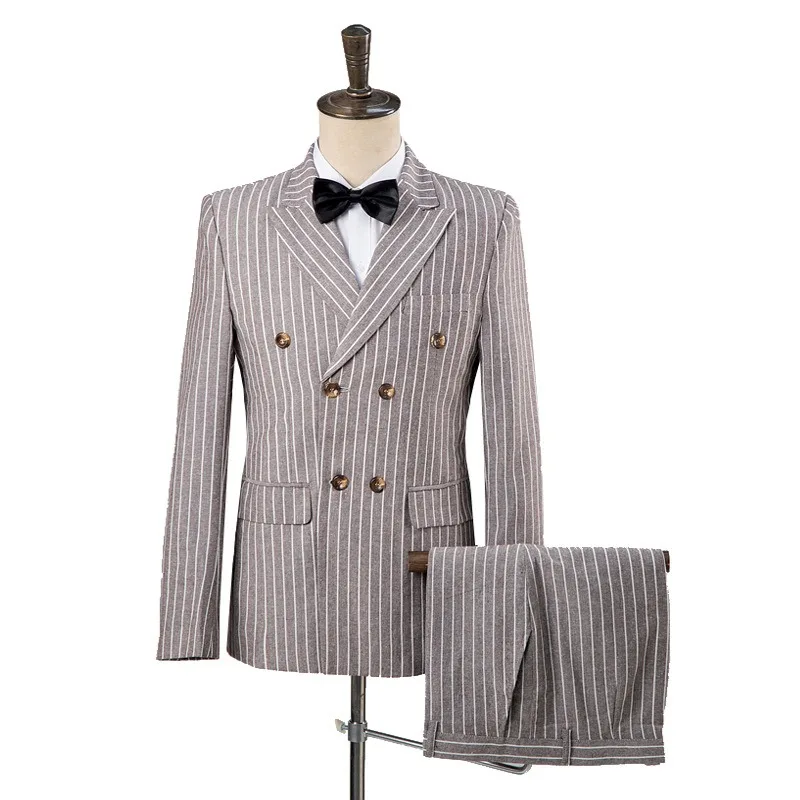 

Мужские костюмы в полоску цвета хаки, платье жениха, двубортные костюмы для выступлений, костюм для мужчин, костюм для выпускного вечера