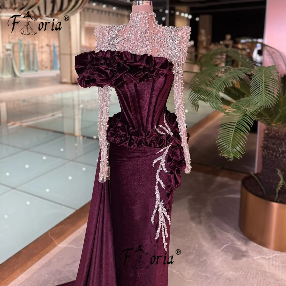 Elegante vestido de fiesta color borgoña, vestidos de noche formales con volantes y perlas, vestidos de cóctel de cola larga personalizados, vestidos largos de fiesta elegantes